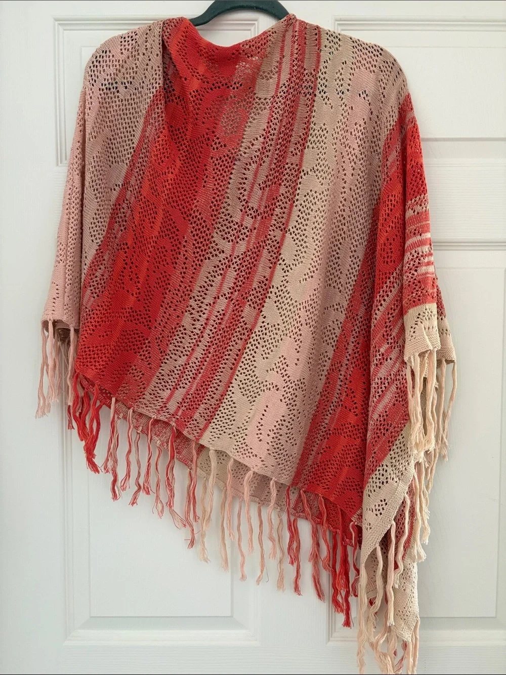 Goddis Lightweight Crochet Fringe Shawl - Peach & Coral